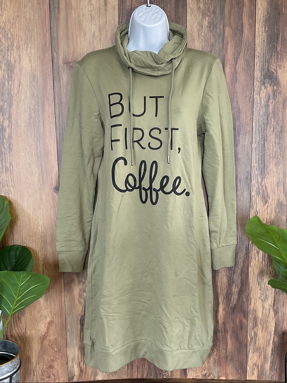 Serra Olive Green Cowl Neck Sweatshirt Dress with 'But First, Coffee' M     177J